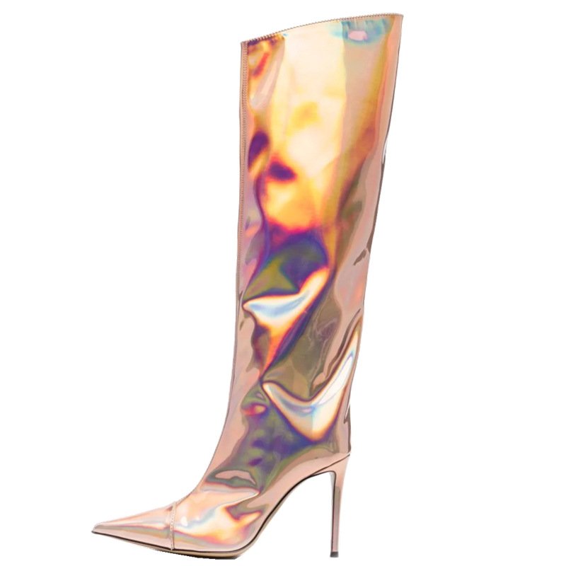 BUSY GIRL Fuchsia Women Boots Fashion High Heels Stiletto Knee High Pointed Toe Designer Winter Mirror Symphony Shoes for Ladies