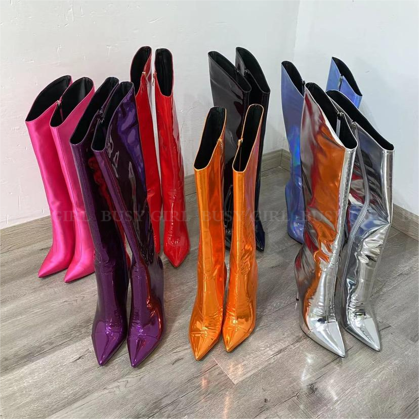 BUSY GIRL Fuchsia Women Boots Fashion High Heels Stiletto Knee High Pointed Toe Designer Winter Mirror Symphony Shoes for Ladies
