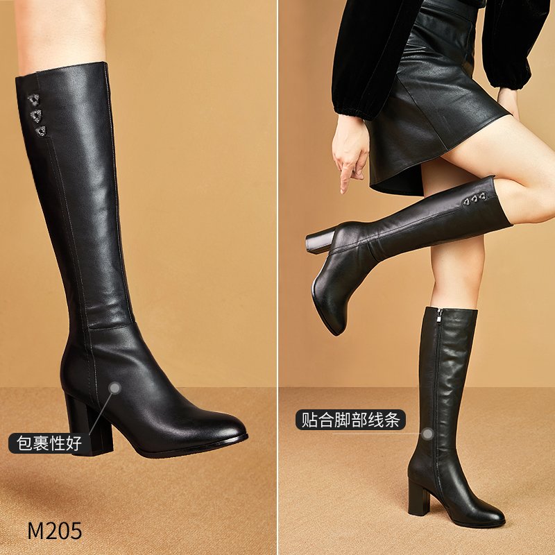 M205 Fashion New Women Rhinestone Black Winter Genuine Leather Round Toe Boots Women Boots