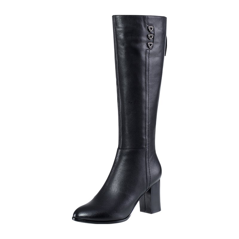 M205 Fashion New Women Rhinestone Black Winter Genuine Leather Round Toe Boots Women Boots
