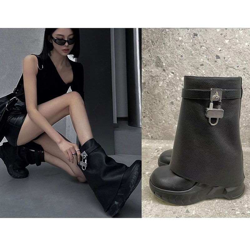 2024 Autumn Winter Shark Boots Women Shoes Muffin Thick-soled Metal Lock Trousers Boots Short Leather Luxury Designer Boots