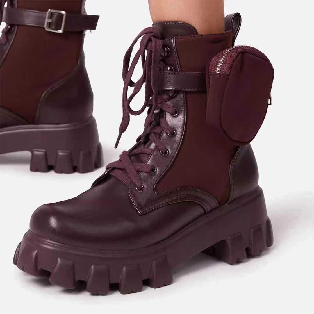 Thick-soled Wallet Leather Women's Boots Hiking Pocket Ankle Women Winter Boots Shoe Lace Up Motorcycle Boots