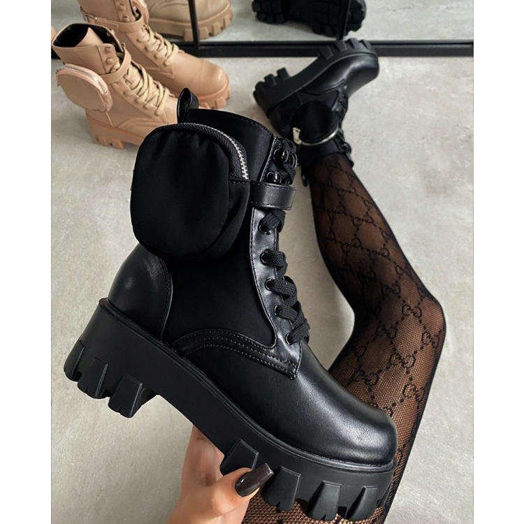 Thick-soled Wallet Leather Women's Boots Hiking Pocket Ankle Women Winter Boots Shoe Lace Up Motorcycle Boots