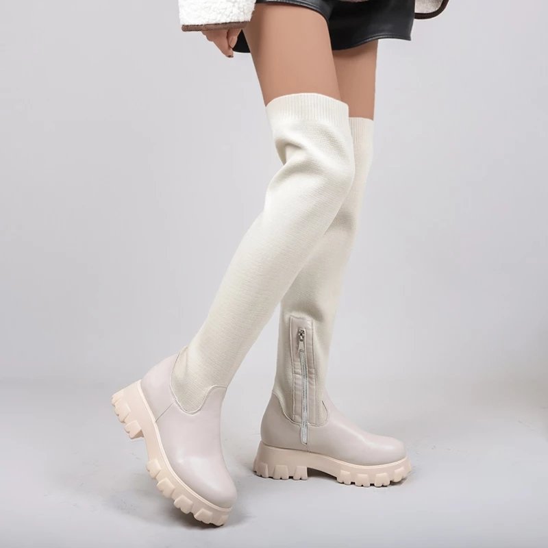 New thick soled high-heeled knee length women's slim stretch boots winter socks women's over the knee boots