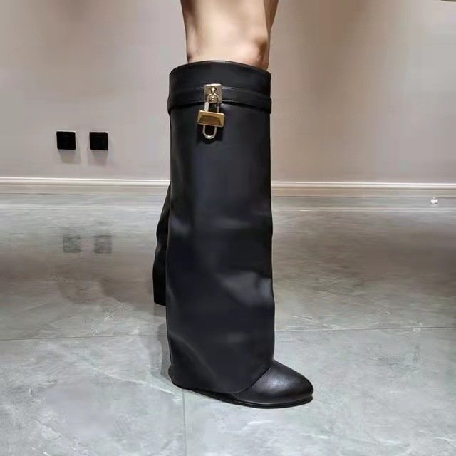 New Fashion Mid Trousers Boots Slip-on Boots Lock Buckle Covered Wedge Heels Women's Genuine Leather for Lady