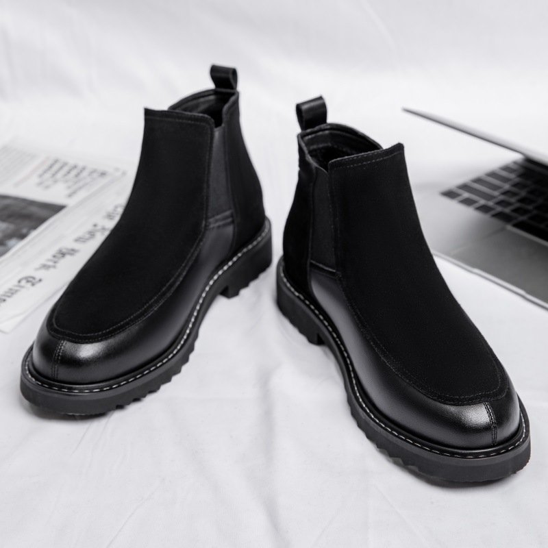 Men's winter leather English style Chelsea men's boots plus pile high top leather boots trend all-match boots men