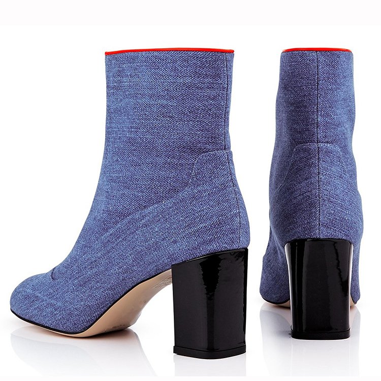 The new fashion designer zipper high heel cowboy boots for ladies canvas denim navy blue women ankle boots