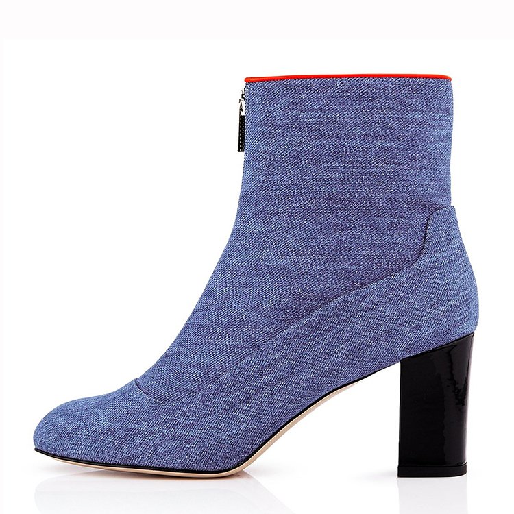 The new fashion designer zipper high heel cowboy boots for ladies canvas denim navy blue women ankle boots