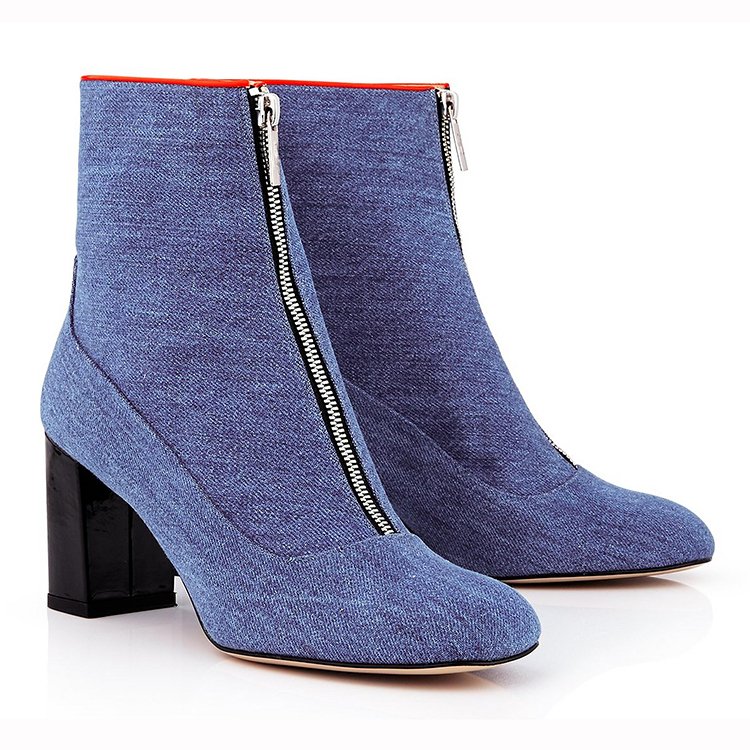 The new fashion designer zipper high heel cowboy boots for ladies canvas denim navy blue women ankle boots