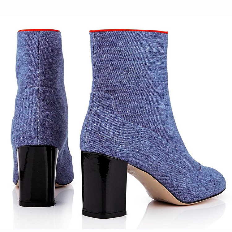 The new fashion designer zipper high heel cowboy boots for ladies canvas denim navy blue women ankle boots