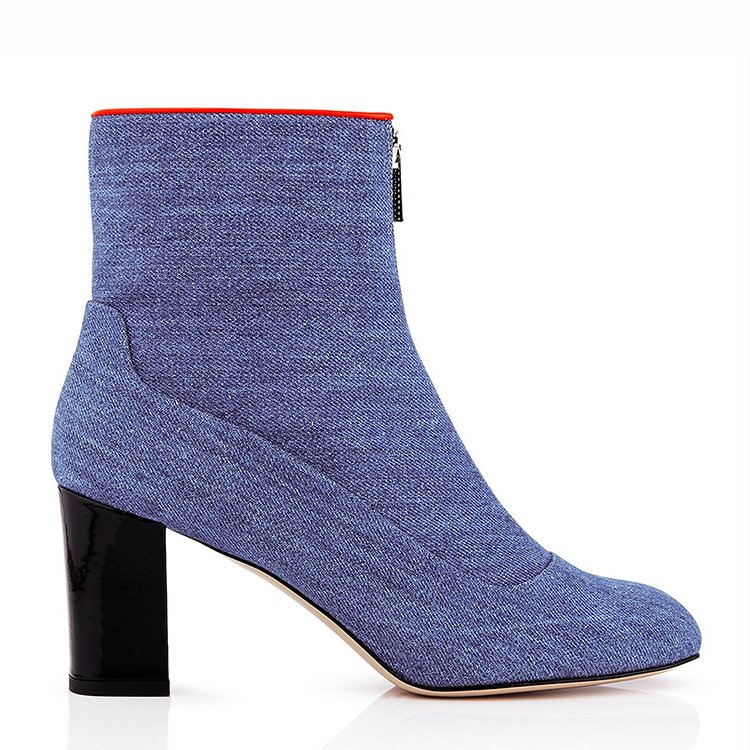 The new fashion designer zipper high heel cowboy boots for ladies canvas denim navy blue women ankle boots