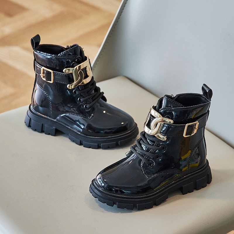 Fashion British Style All-match Children's Boots Girls Boys Kids Buckle Ankle Boots Leather Kids Boots