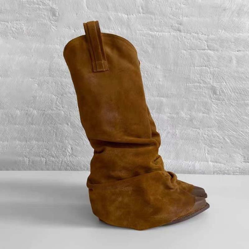 Fashion Custom Suede Pleated Upper Pointed Toe Ladies Chunky High Heels Western Cowboy Winter Women Long Boots
