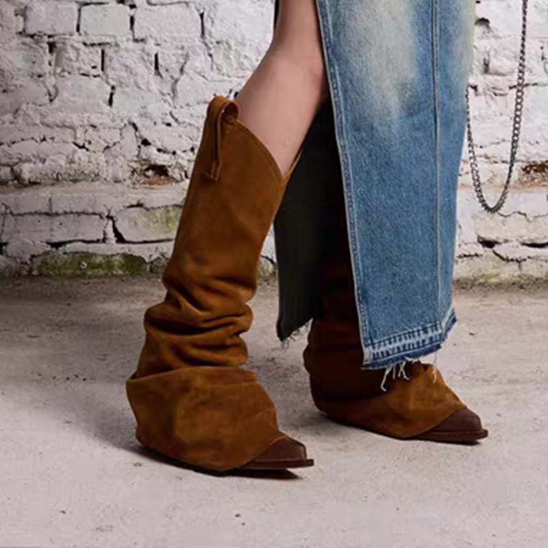 Fashion Custom Suede Pleated Upper Pointed Toe Ladies Chunky High Heels Western Cowboy Winter Women Long Boots