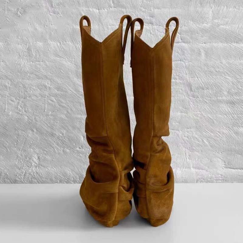 Fashion Custom Suede Pleated Upper Pointed Toe Ladies Chunky High Heels Western Cowboy Winter Women Long Boots