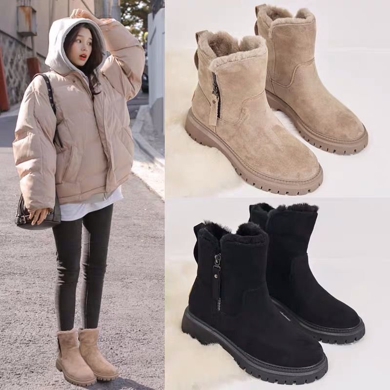 New Style Round Toe Warm Plush Fur Boots Woman Winter Fashion Solid Color Side Zipper Snow Boots For Women