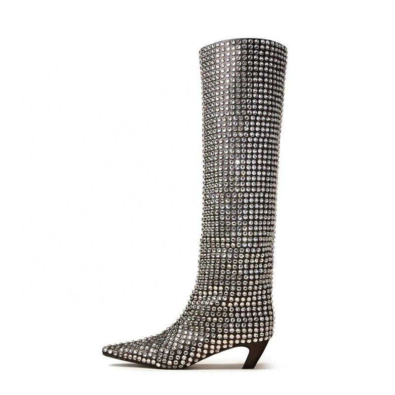 AN Hot Latest Shiny Pointy Toe Knee Boots Crystal High Stiletto Heel Winter Boots Women Shoes Rhinestone Wrinkle Knee High Boots