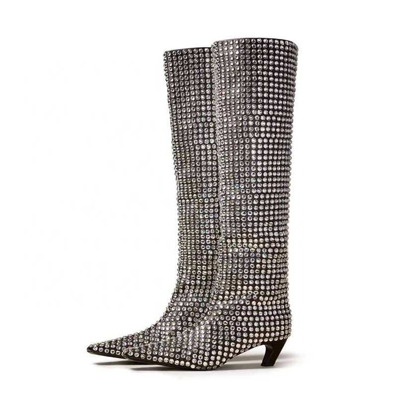AN Hot Latest Shiny Pointy Toe Knee Boots Crystal High Stiletto Heel Winter Boots Women Shoes Rhinestone Wrinkle Knee High Boots