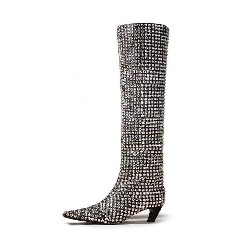 AN Hot Latest Shiny Pointy Toe Knee Boots Crystal High Stiletto Heel Winter Boots Women Shoes Rhinestone Wrinkle Knee High Boots