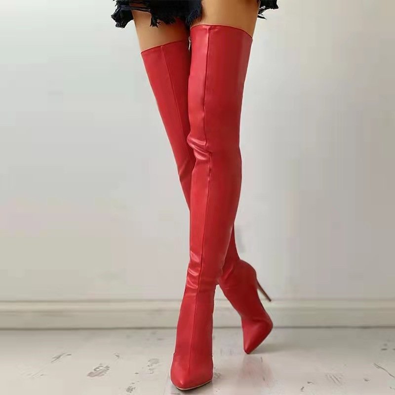 Zipper Back Western Style Botas Largas Black Leather Tube Stocking Heel Plus Size Over the Knee Thigh High Boots