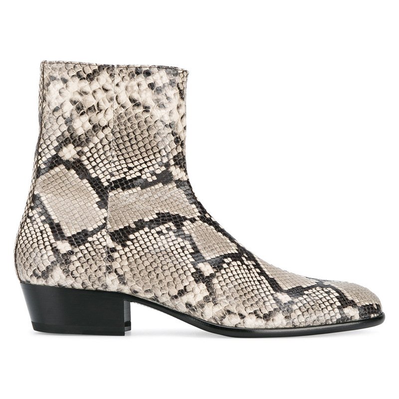 European and American runway show snake patterned Chelsea boots for men with leather tips mongolian fur boots