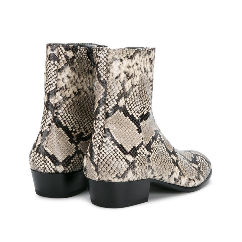 European and American runway show snake patterned Chelsea boots for men with leather tips mongolian fur boots
