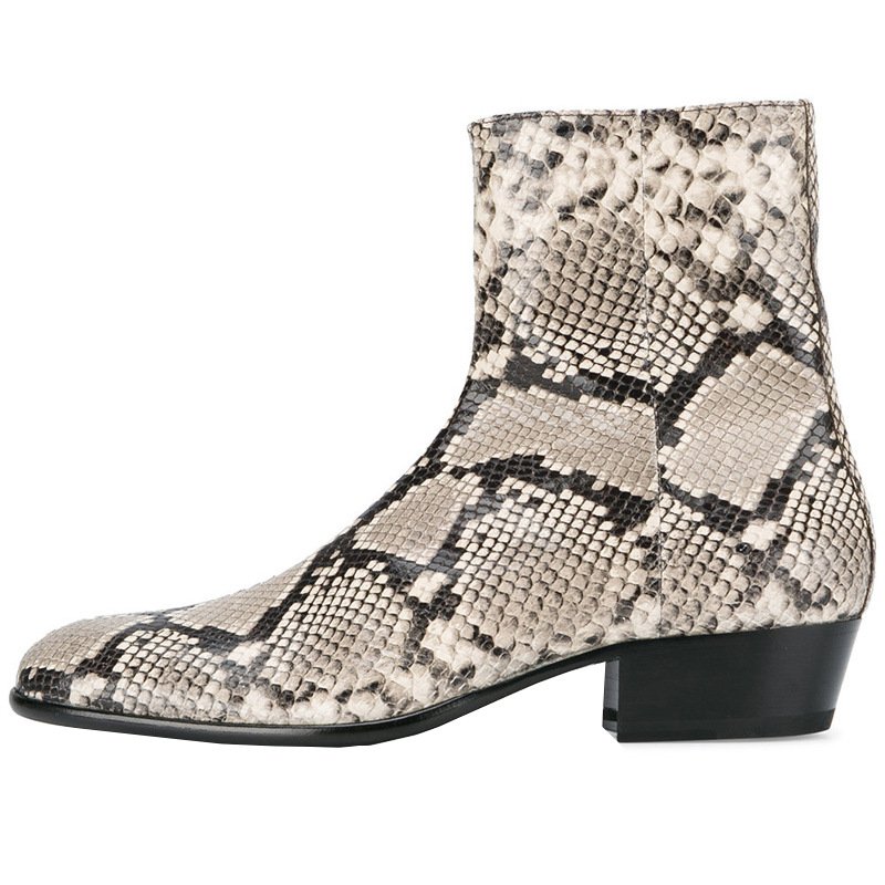 European and American runway show snake patterned Chelsea boots for men with leather tips mongolian fur boots