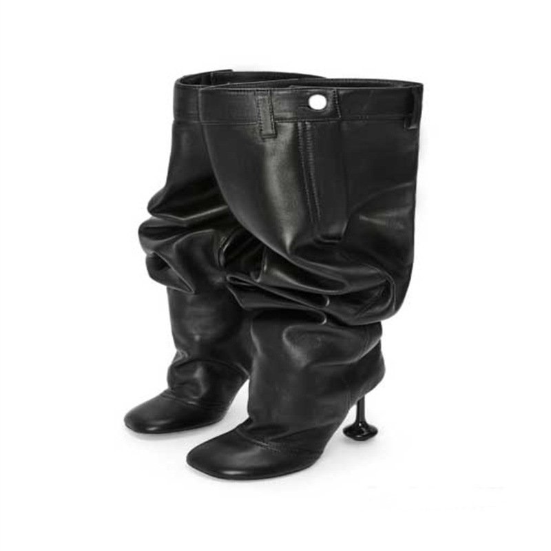 Loose pleated upper shaped high heels square toe loafers large size trouser women's boots