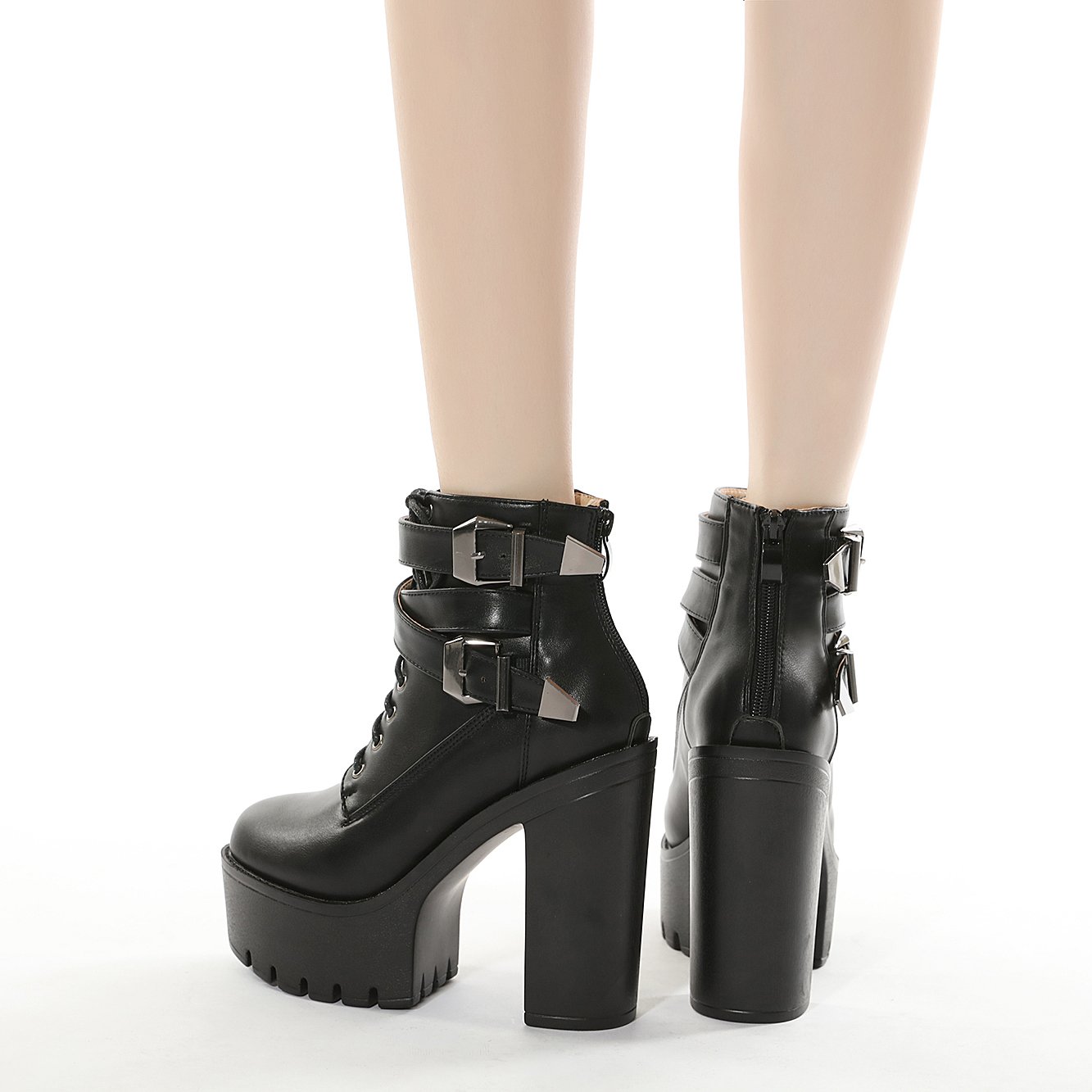 Fashion Winter Zipper Ankle Ladies Boots Buckle Strap Thick Heel Black PAT Leather Girl's Platform Short Boots Women Shoes