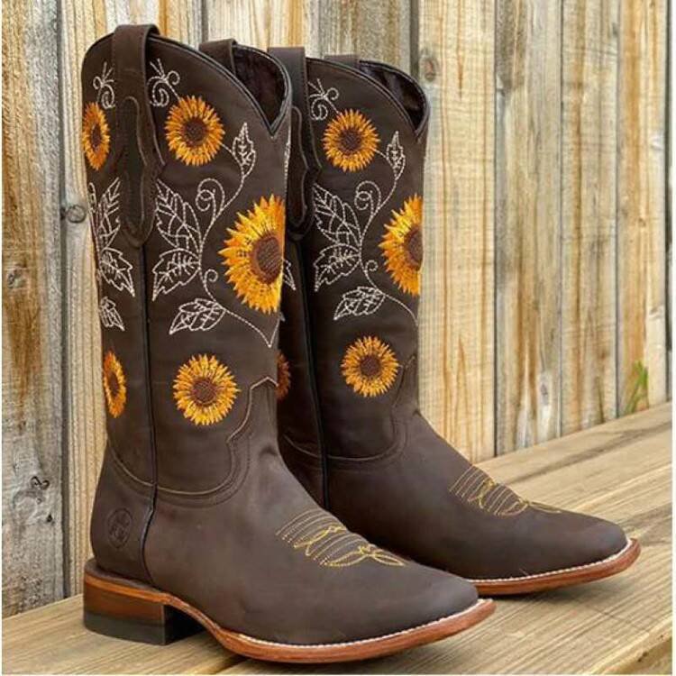 Retro Western Large Size Cowboy Boots Women Heel Boots High Rider Boots High Heel Knee Sleeve