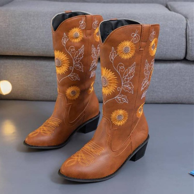 Retro Western Large Size Cowboy Boots Women Heel Boots High Rider Boots High Heel Knee Sleeve