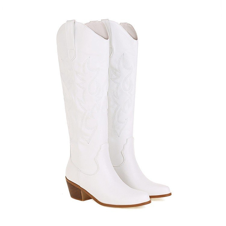 Women's Embroidered Western Cowboy Boots Knee High Stitching Almond Toe Medium Chunky Heel Pointy Toe Fashion Retro Classic Boot