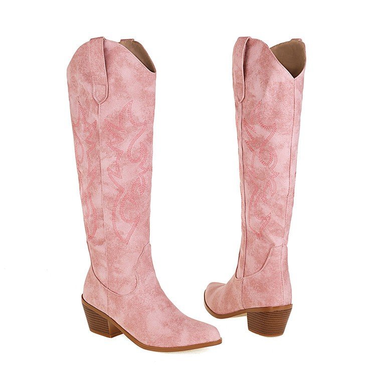 Women's Embroidered Western Cowboy Boots Knee High Stitching Almond Toe Medium Chunky Heel Pointy Toe Fashion Retro Classic Boot