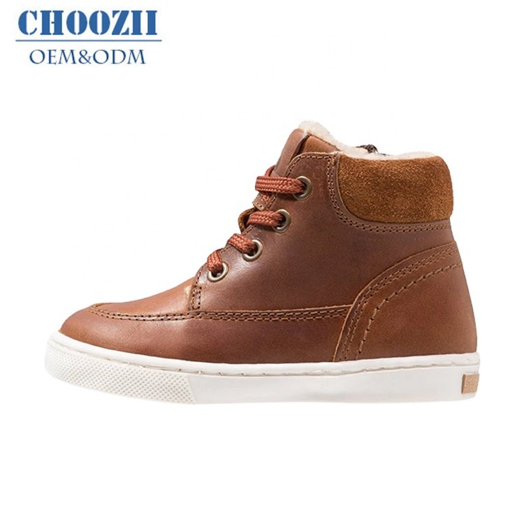 Choozii Wholesale Winter Popular Leather Flat Ankle boots Kids Fur Fashion children Boys Lace-up snow Warm Boots with cotton