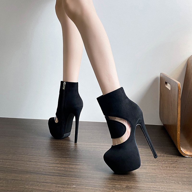 Clear PVC & Black Faux Suede Stiletto High Heel Booties for Women Plus Size Ankle Boots with Back Zipper Summer Winter Parties