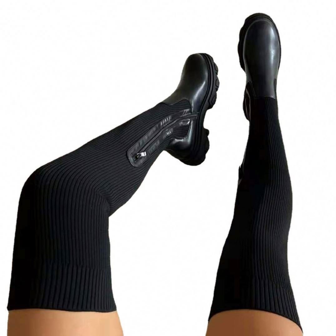 2024 new fashion Knee-High Boots Women's Thick Heel Slim Winter Plus Velvet Stretch Boots