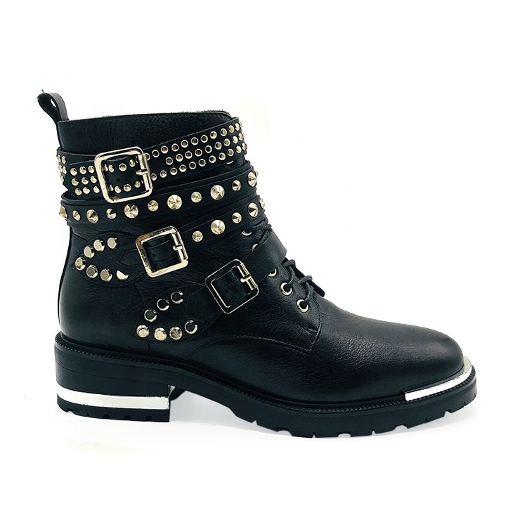 Hand-studded rivets black plated heel rock platform boots women leather boots for ladies