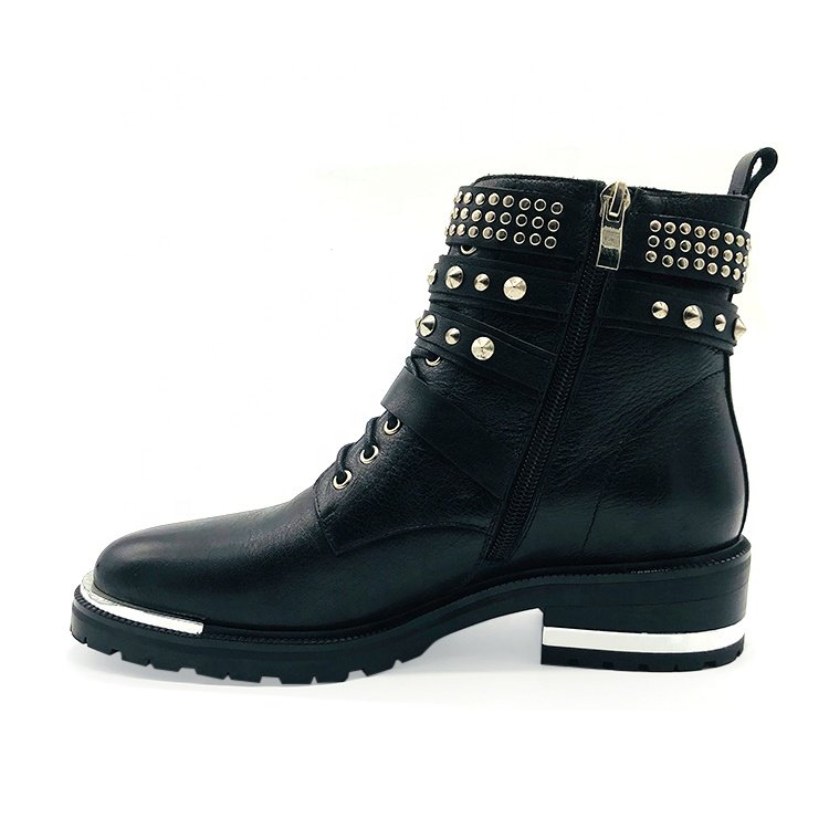 Hand-studded rivets black plated heel rock platform boots women leather boots for ladies