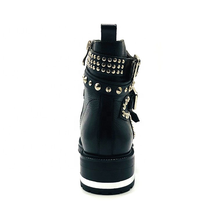 Hand-studded rivets black plated heel rock platform boots women leather boots for ladies