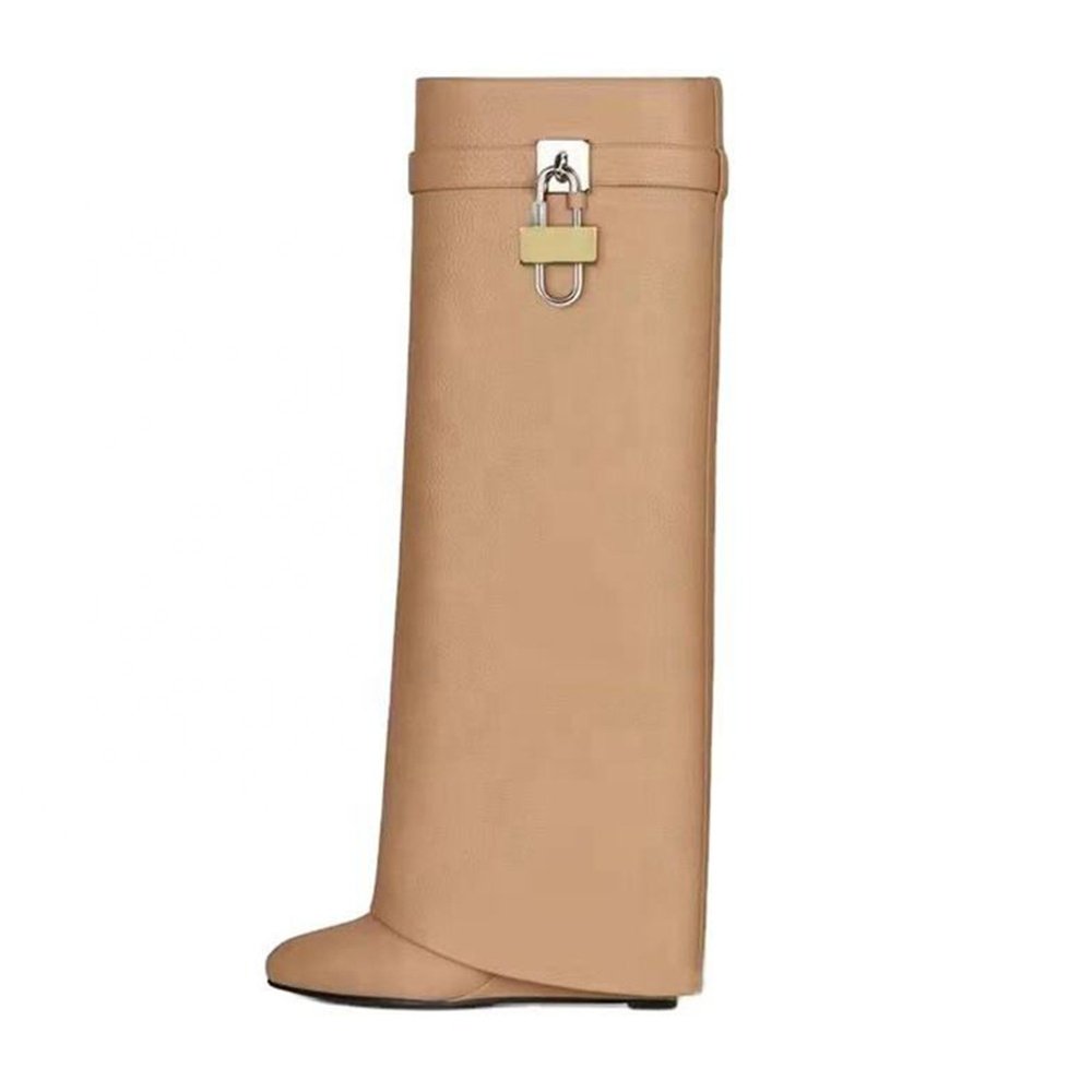 Wholesale Shoe Suppliers Fashion Wide Calf Overlay Wedge Knee High Heel Fold Over Shark Lock Boots With Lock Winter 2023