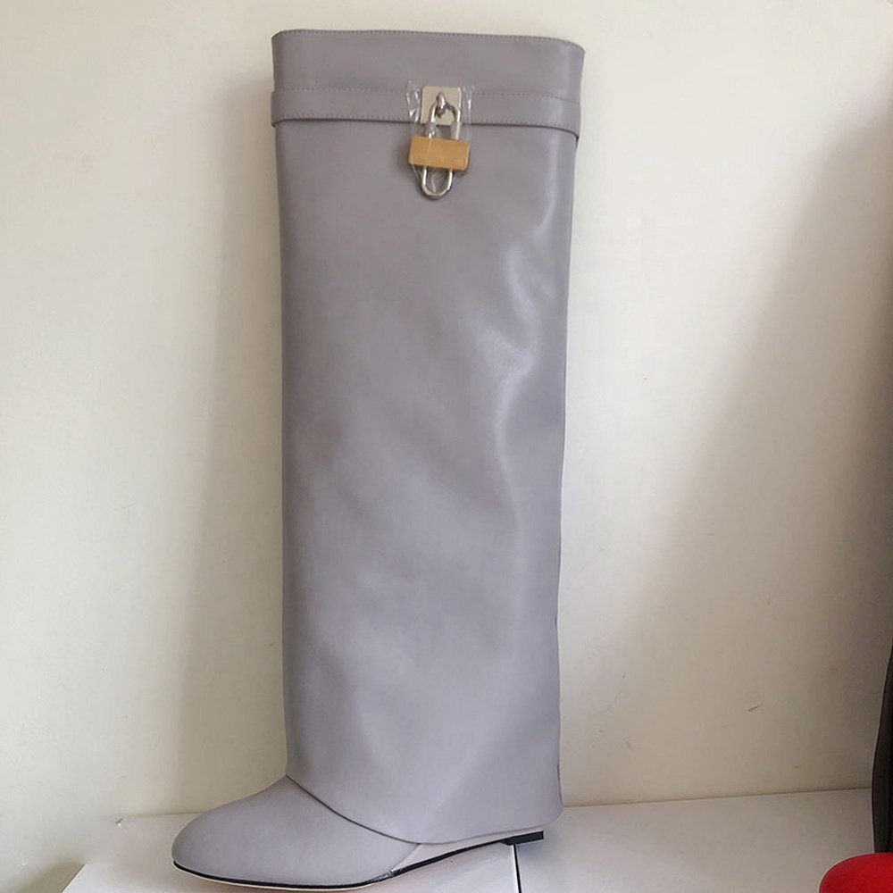 Wholesale Shoe Suppliers Fashion Wide Calf Overlay Wedge Knee High Heel Fold Over Shark Lock Boots With Lock Winter 2023
