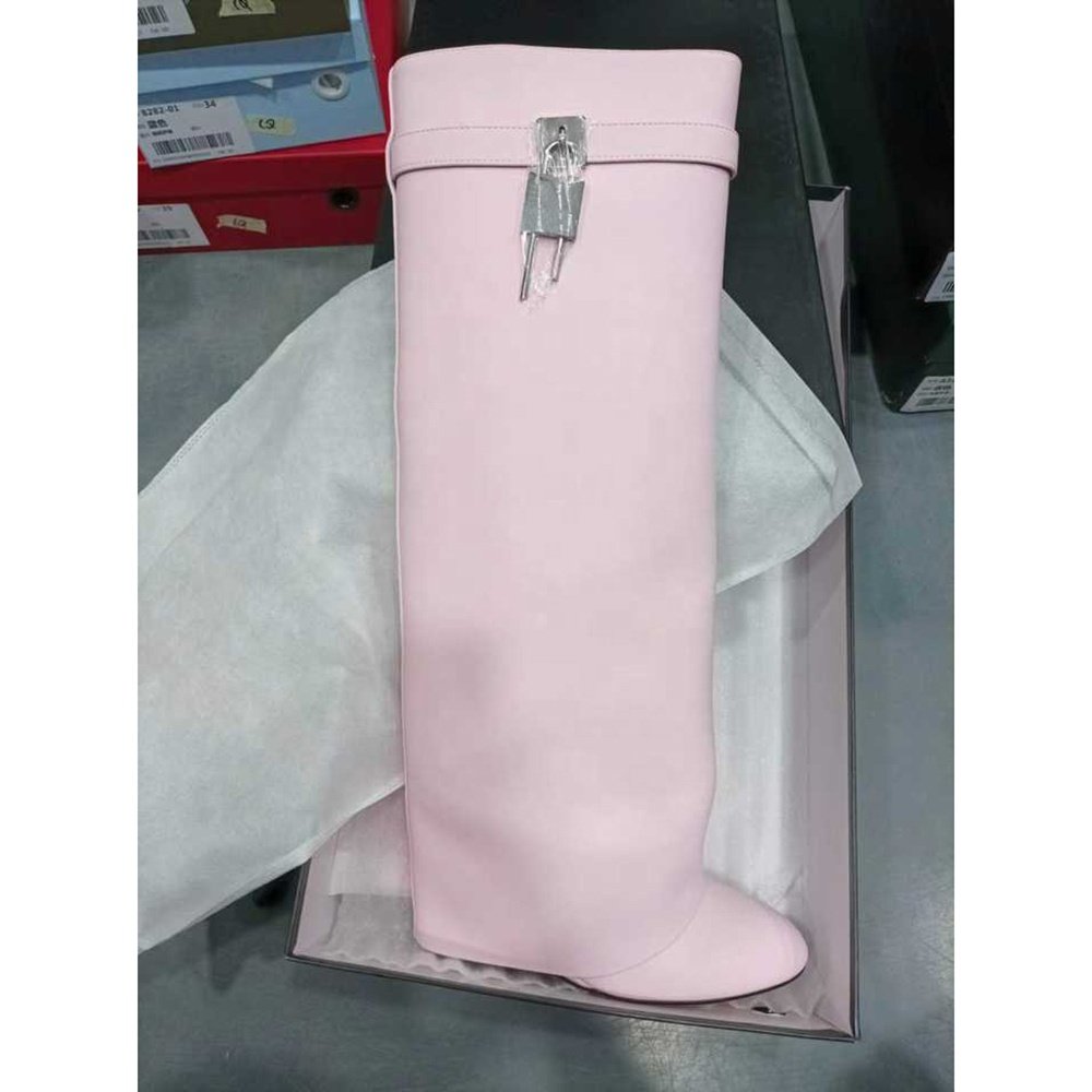 Wholesale Shoe Suppliers Fashion Wide Calf Overlay Wedge Knee High Heel Fold Over Shark Lock Boots With Lock Winter 2023