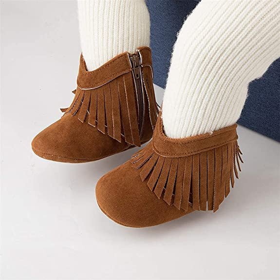 Baby Girls Cowboy Tassel Boots Side Zipper Moccasins Soft Bottom Non-Slip Toddler Shoes