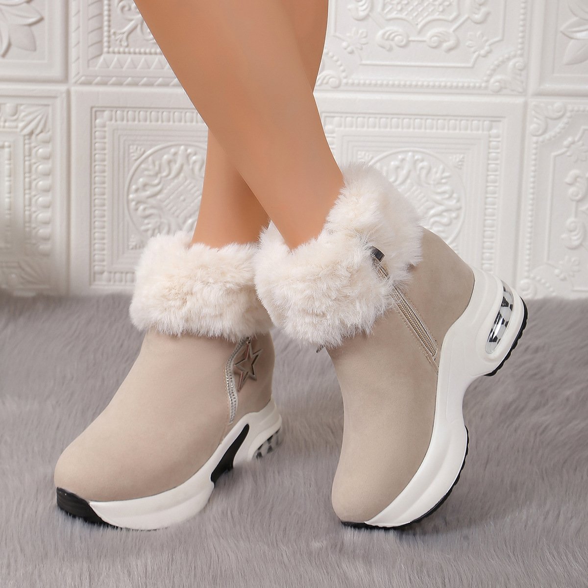 Xuanhui New arrival casual wedge heel shoes ladies female winter fur lined warm comfortable white snow boots