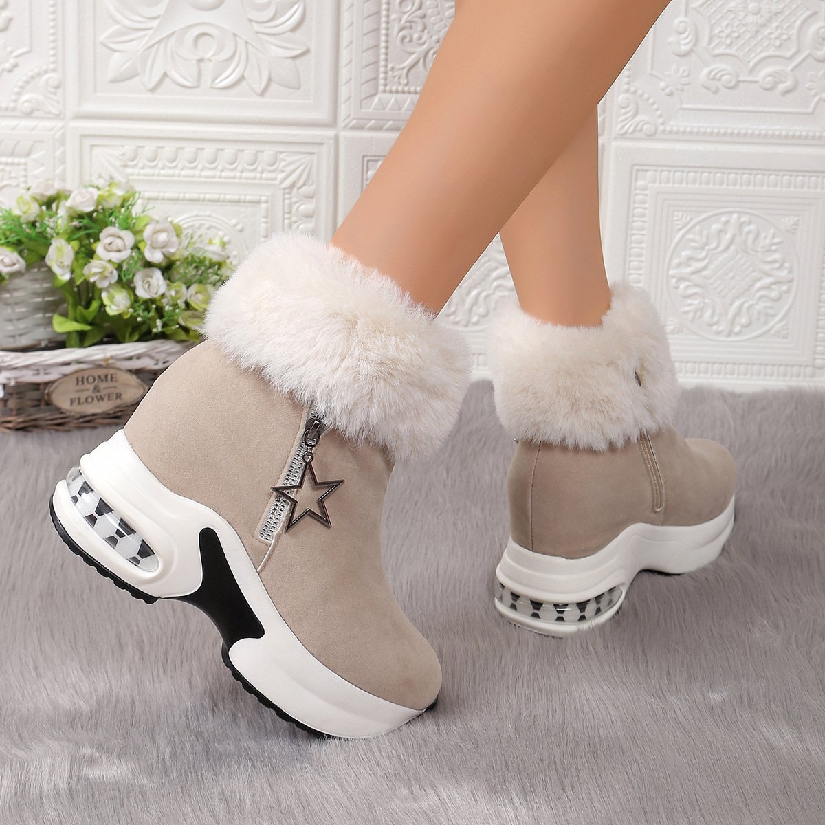 Xuanhui New arrival casual wedge heel shoes ladies female winter fur lined warm comfortable white snow boots