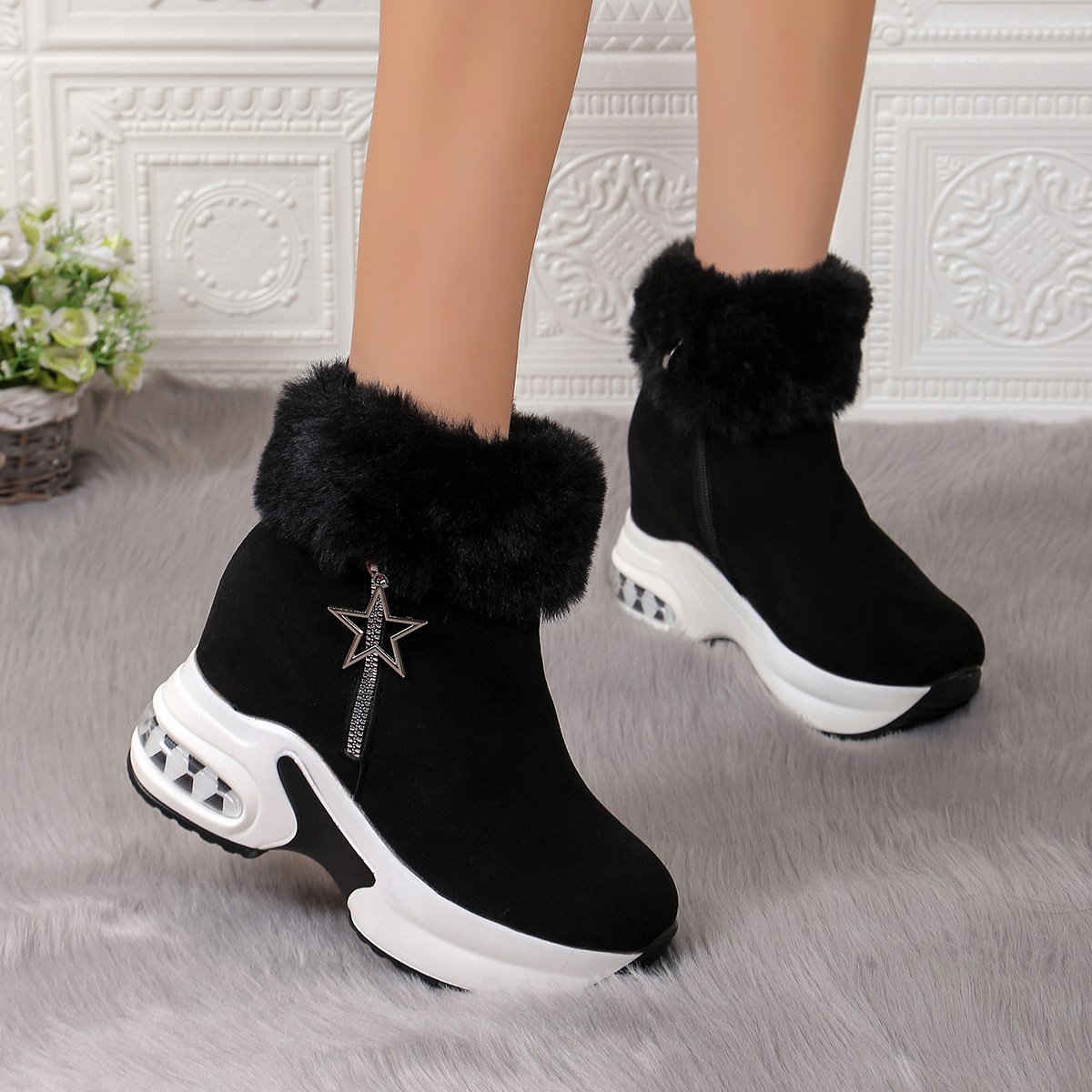 Xuanhui New arrival casual wedge heel shoes ladies female winter fur lined warm comfortable white snow boots