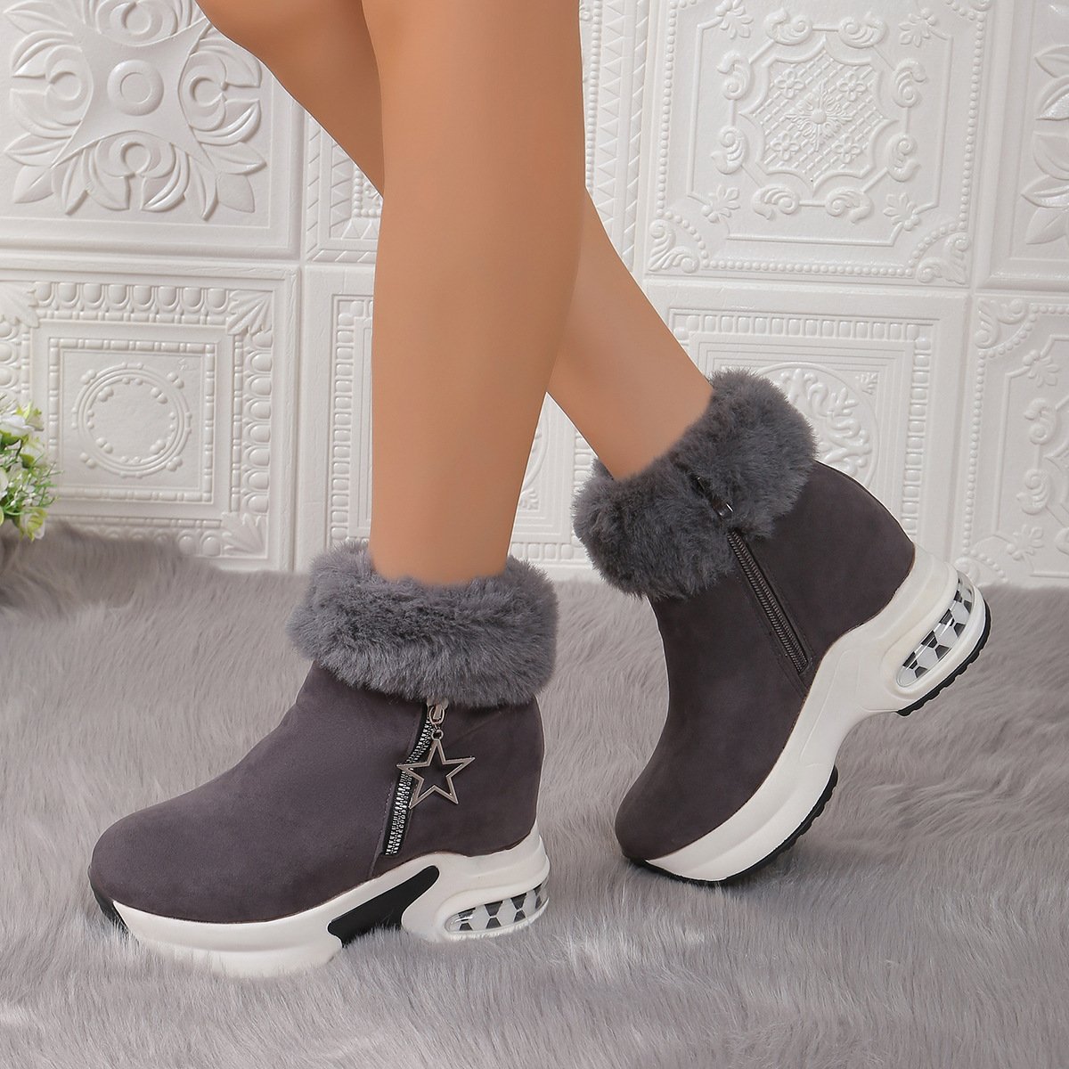 Xuanhui New arrival casual wedge heel shoes ladies female winter fur lined warm comfortable white snow boots