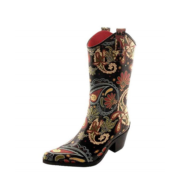 New Design Fashionable Cheap Western American Wellington High Heel Cowboy Boots Wholesale Rubber Rain Boots Women