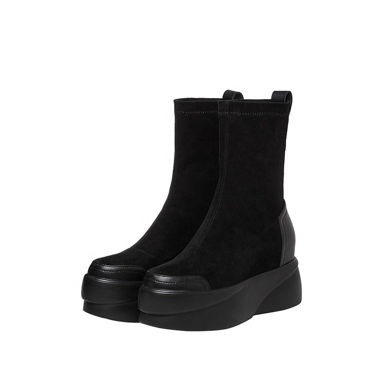 New Luxury Thick-soled Goat Suede Round Toe Casual Lady Boots Slip On Solid Black Mid Heel Women Ankle Boots