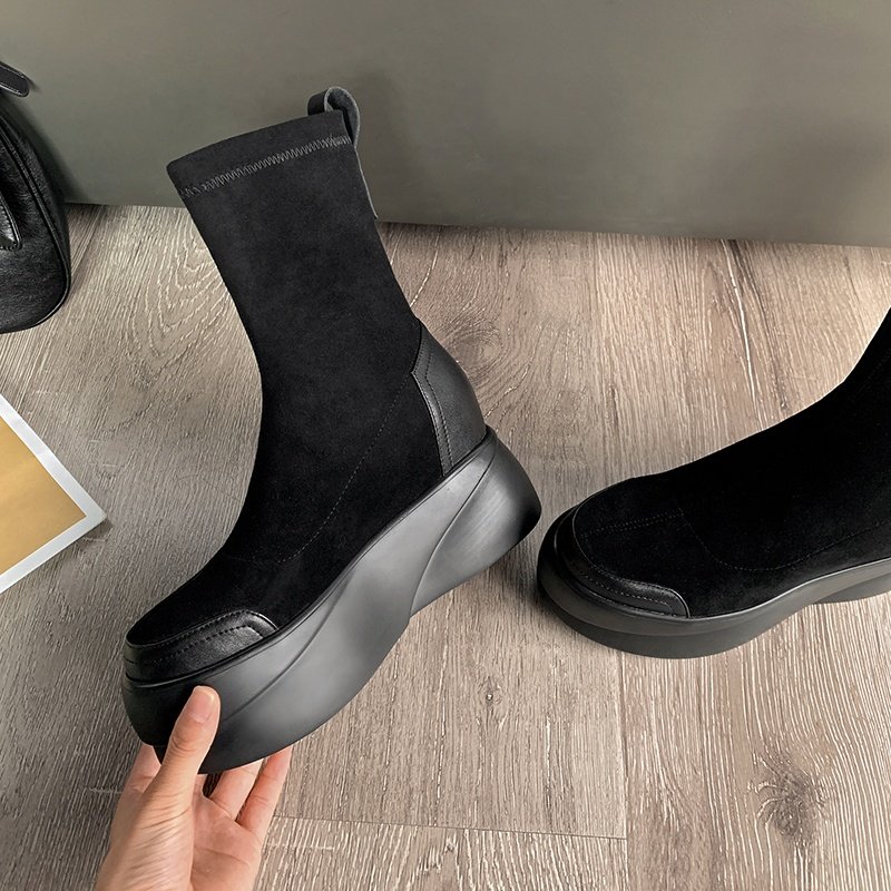 New Luxury Thick-soled Goat Suede Round Toe Casual Lady Boots Slip On Solid Black Mid Heel Women Ankle Boots